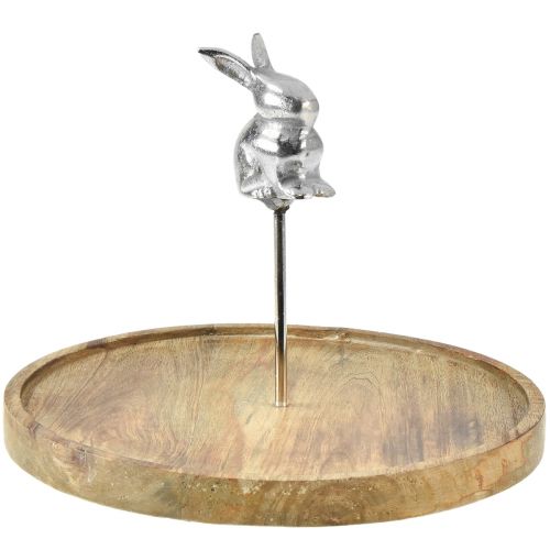 Taca drewniana naturalny królik dekoracyjny metalowy srebrny Ø27,5cm W21cm