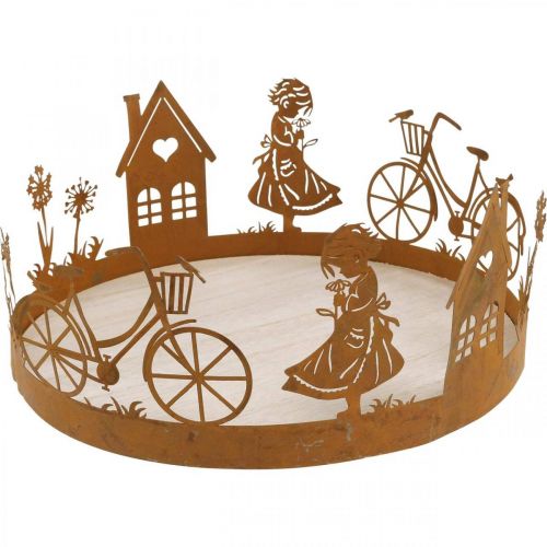 Produkt Taca dekoracyjna dziewczynka z kwiatkiem, metalowa dekoracja z patyną domek na rowery dmuchawiec Ø24cm W11cm
