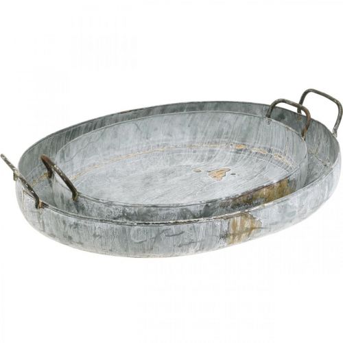 Produkt Metalowa miska z uchwytami, doniczka, ozdobna taca antyczny wygląd biały myty L51/40,5cm zestaw 2