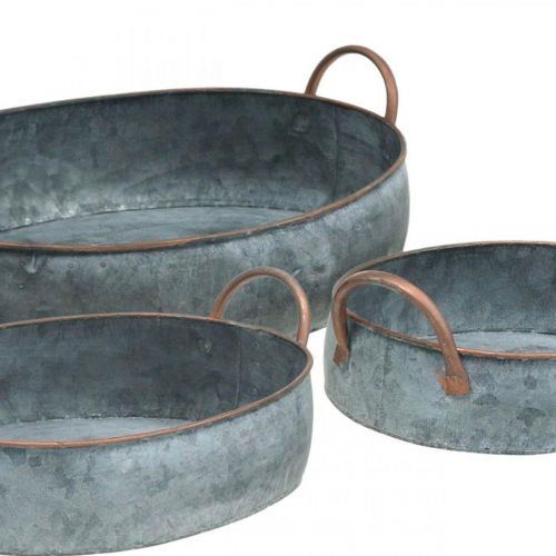 Floristik24 Metalowa miska z uchwytami, doniczka, ozdobna taca Shabby Chic srebrna, myta na biało L35,5/30,5/26,5cm zestaw 3 szt.