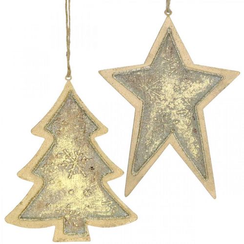 Produkt Metalowa zawieszka jodła i gwiazda, ozdoba choinkowa, dekoracja świąteczna Złota, antyczny wygląd H15,5/17cm 4szt.