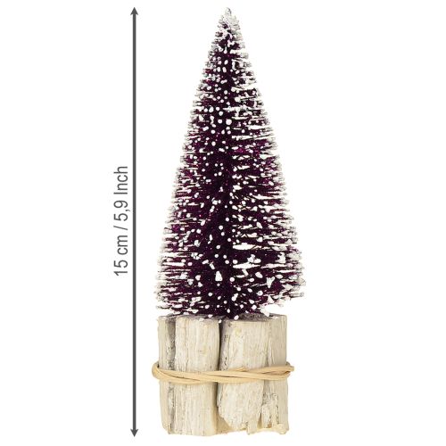 Produkt Dekoracyjna choinka bożonarodzeniowa w kolorze fioletowym z ośnieżoną końcówką na rustykalnej drewnianej podstawie 15cm, 3 sztuki.