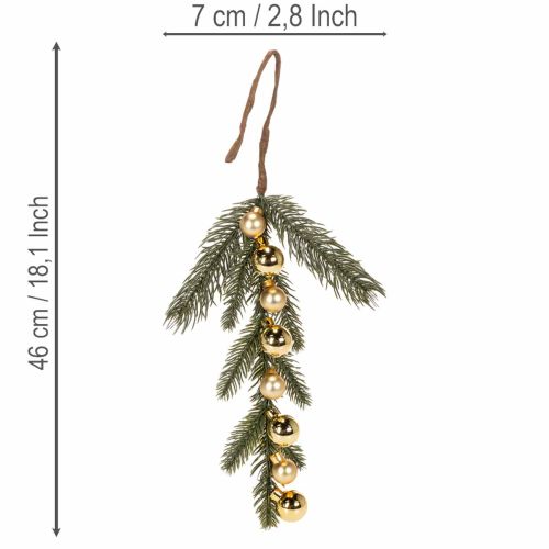 Sztuczna gałązka jodły z mini bombkami choinkowymi w kolorze złotym, 46 cm, 2 sztuki | Floristik24.pl