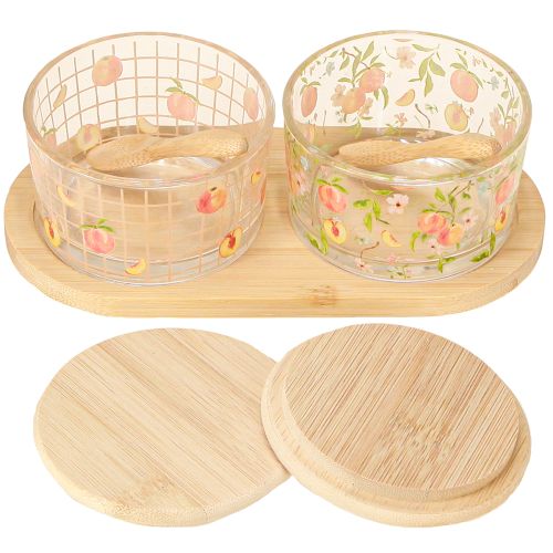 Produkt Zestaw do tapas motyw brzoskwiniowe szklanki z pokrywką drewno 20×10×6,5cm