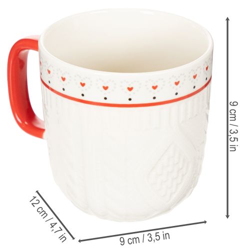 Kubek do kawy z czerwonym uchwytem, dzianinowym wzorem i serduszkami, ceramiczny, 9 cm, 2 sztuki | Floristik24.pl