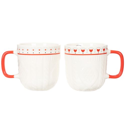 Kubek do kawy z czerwonym uchwytem, dzianinowym wzorem i serduszkami, ceramiczny, 9 cm, 2 sztuki | Floristik24.pl