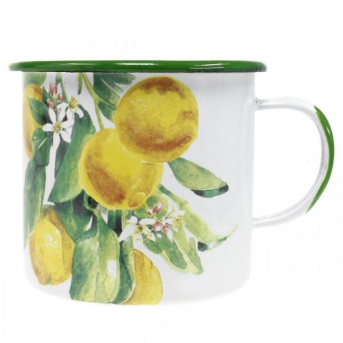 Produkt Doniczka emaliowana, kubek ozdobny z gałązką cytryny, donica śródziemnomorska Ø9,5cm W10cm
