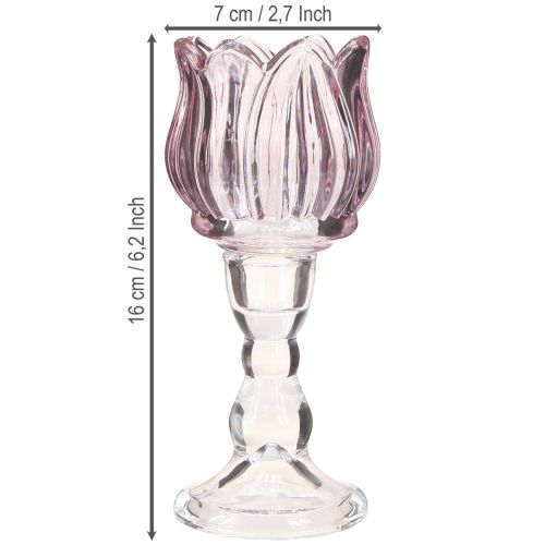 Produkt Szklany świecznik typu tealight w kształcie tulipana, szklany fioletowy Ø7cm, wys. 16cm, 2 szt.