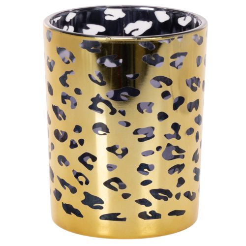 Szklany świecznik typu tealight z nadrukiem w panterkę do dekoracji stołu, 12 cm