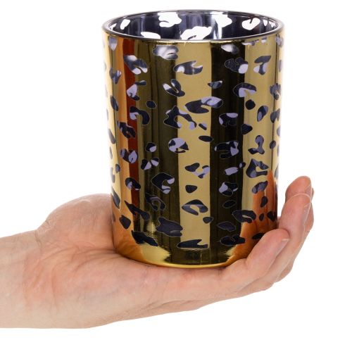 Szklany świecznik typu tealight z nadrukiem w panterkę do dekoracji stołu, 12 cm | Floristik24.pl