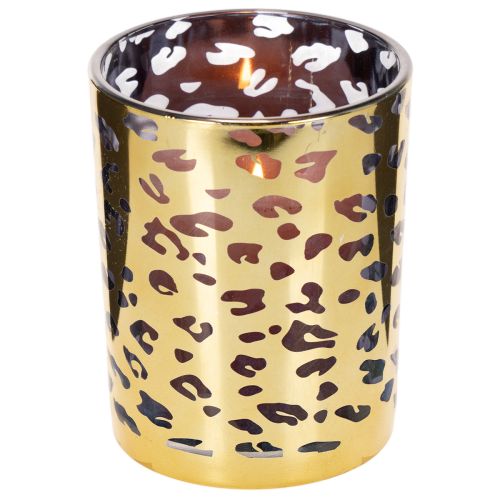 Szklany świecznik typu tealight z nadrukiem w panterkę do dekoracji stołu, 12 cm | Floristik24.pl
