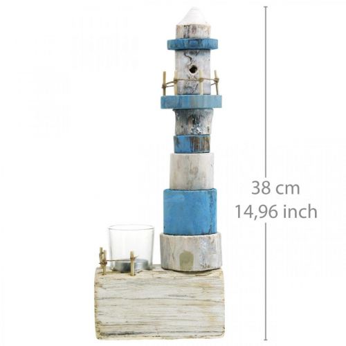 Floristik24 Drewniana latarnia morska ze szkła tea light dekoracja morska niebieska, biała wys.38cm