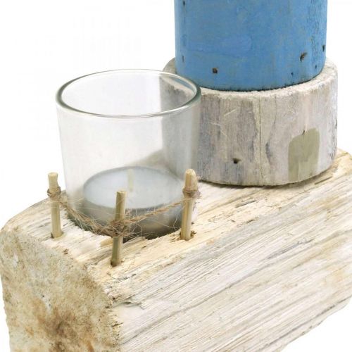 Floristik24 Drewniana latarnia morska ze szkła tea light dekoracja morska niebieska, biała wys.38cm