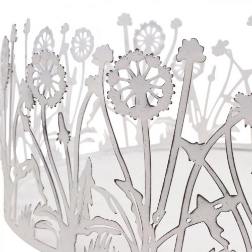 Produkt Taca dekoracyjna z mleczami, dekoracja metalowa na wiosenną biel, srebrna shabby chic Ø25cm W10,5cm