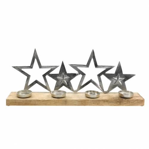 Floristik24 Świecznik Sylwetka gwiazdy na drewnianej podstawie Srebro, Metal Naturalny, Drewno Mango 35cm × 14cm