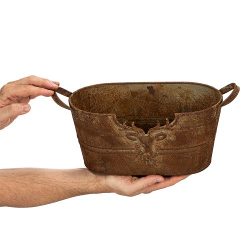 Owalna metalowa miska z uchwytami, motyw jelenia, wykończenie rdzawe, 36 cm | Floristik24.pl