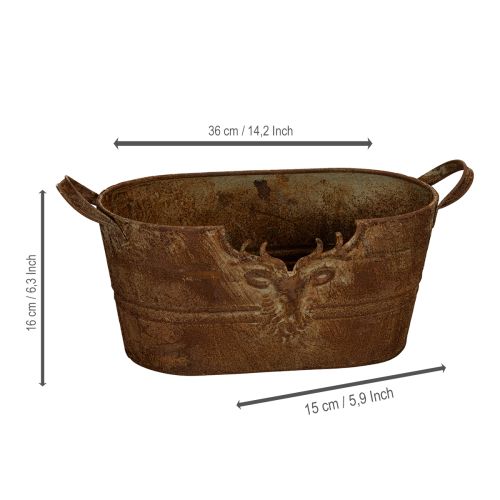 Owalna metalowa miska z uchwytami, motyw jelenia, wykończenie rdzawe, 36 cm | Floristik24.pl
