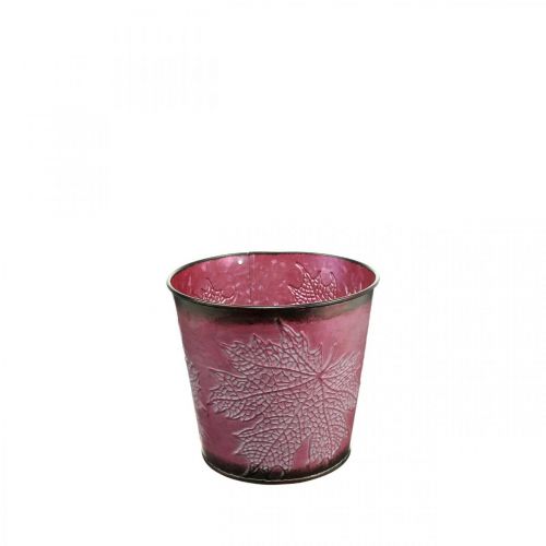 Dekoracyjna doniczka do sadzenia, blaszane wiaderko, Metal Deco z wzorem liści Wine Red Ø14cm H12,5cm