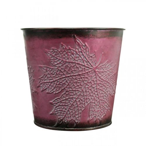 Produkt Ozdobna doniczka do sadzenia, blaszane wiadro, metalowa dekoracja z motywem liści wino czerwone Ø14cm W12,5cm