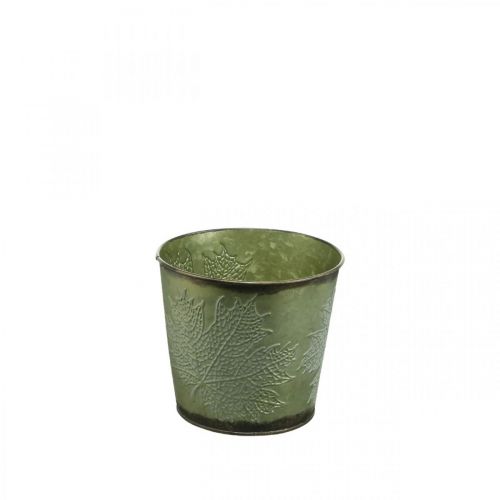 Sadzarka na jesień, doniczka z dekoracją liści, metalowe wiaderko zielone Ø14cm W12,5cm