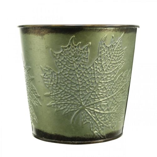 Produkt Sadzarka na jesień, doniczka z dekoracją liści, metalowe wiaderko zielone Ø14cm W12,5cm