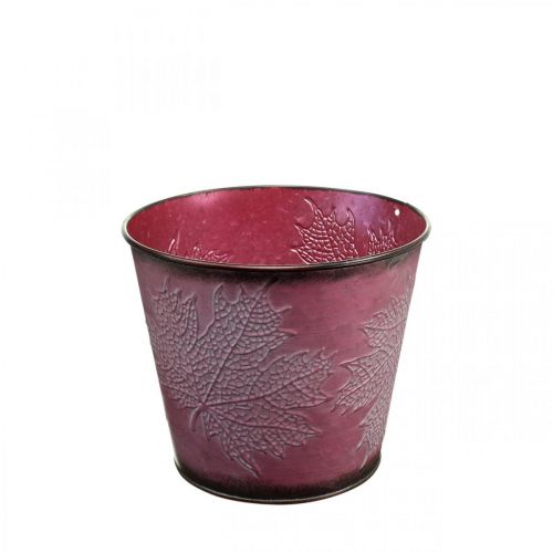 Produkt Doniczka z dekoracją w liście, ozdoba jesienna, donica metalowa czerwona wino Ø16,5 cm W14,5 cm