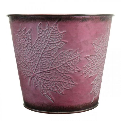 Produkt Doniczka z dekoracją w liście, ozdoba jesienna, donica metalowa czerwona wino Ø16,5 cm W14,5 cm