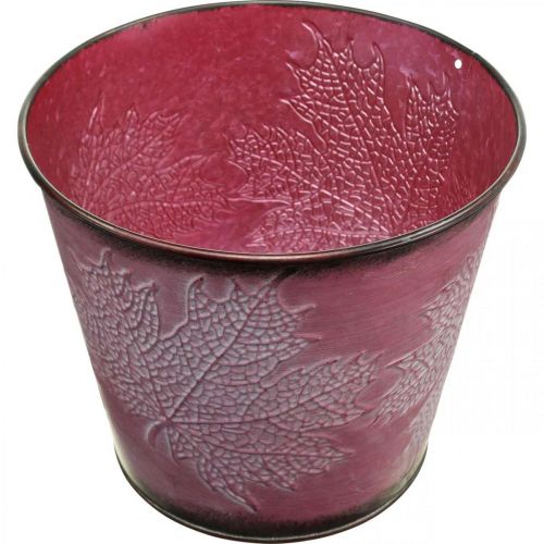 Produkt Doniczka z dekoracją w liście, ozdoba jesienna, donica metalowa czerwona wino Ø16,5 cm W14,5 cm
