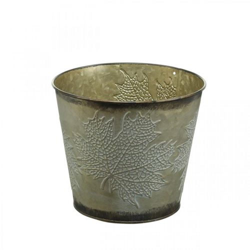 Produkt Wiadro na rośliny z dekoracją z liści, metalowe naczynie, jesień złota Ø18cm H17cm