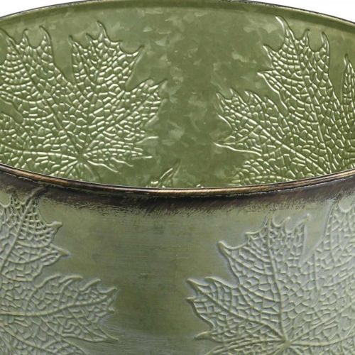 Produkt Doniczka metalowa z liśćmi klonu, dekoracja jesienna zielona Ø25,5cm H22cm