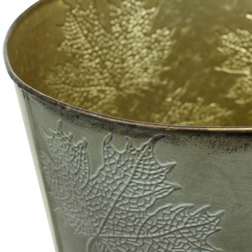 Produkt Donica, jesienna dekoracja, metalowe naczynie z liśćmi złotymi Ø25,5cm W22cm