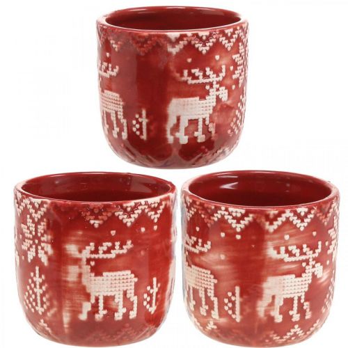 Dekoracja ceramiczna z reniferem, dekoracja adwentowa, sadzarka z norweskim wzorem czerwono-biała Ø7,5cm H7cm 6szt.