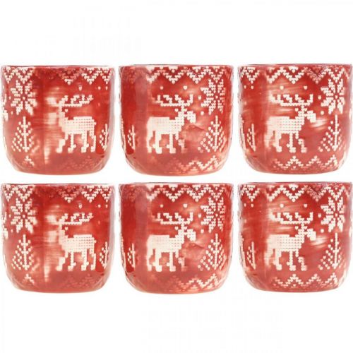 Floristik24 Dekoracja ceramiczna z reniferem, dekoracja adwentowa, sadzarka z norweskim wzorem czerwono-biała Ø7,5cm H7cm 6szt.
