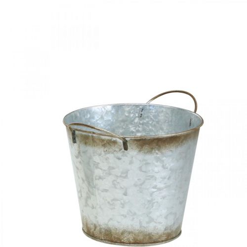 Produkt Doniczka dekoracyjna z uchwytami, wiaderko na rośliny, naczynie metalowe srebrne, patyna Ø17cm W16,5cm