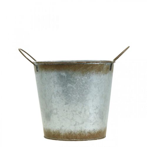 Produkt Donica metalowa, miska na kwiaty, doniczka z uchwytami srebrna, patyna Ø18cm W20cm