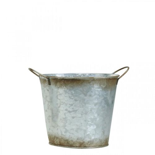 Produkt Doniczka dekoracyjna z uchwytami, wiaderko na rośliny, naczynie metalowe srebrne, patyna Ø17cm W16,5cm