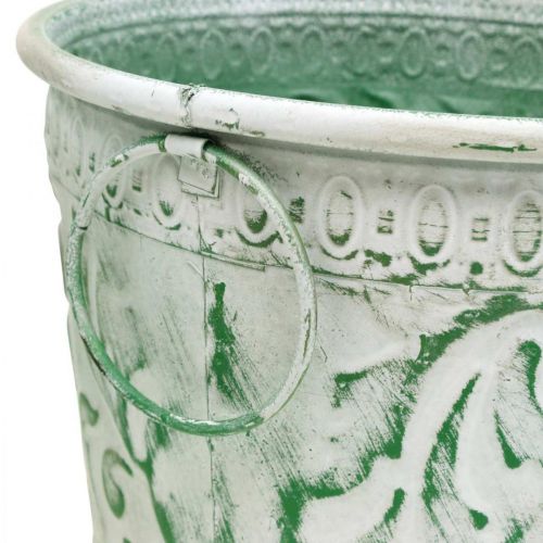 Produkt Doniczki metalowe z uchwytami, donice z tłoczeniem biały, zielony shabby chic H20,5/18,5/16cm Ø25,5/20,5/15,5cm zestaw 3 szt.