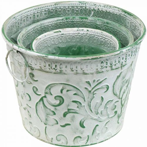 Produkt Doniczki metalowe z uchwytami, donice z tłoczeniem biały, zielony shabby chic H20,5/18,5/16cm Ø25,5/20,5/15,5cm zestaw 3 szt.