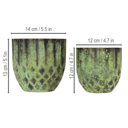 Produkt Doniczka metalowa w stylu vintage, zielona, Ø14/12cm, zestaw 2 szt.