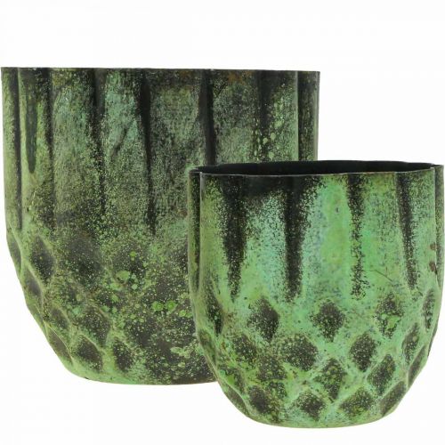 Produkt Sadzarka metalowa vintage doniczka zielona Ø14/12cm zestaw 2 sztuk