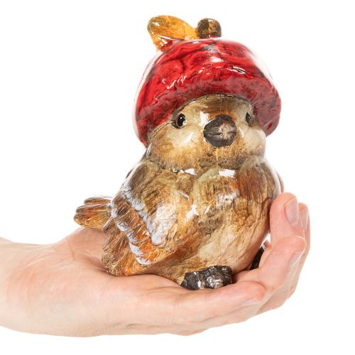 Dekoracyjna figurka ptaka z czerwoną czapeczką w kształcie jabłka, dekoracja jesienna, 13 cm | Floristik24.pl