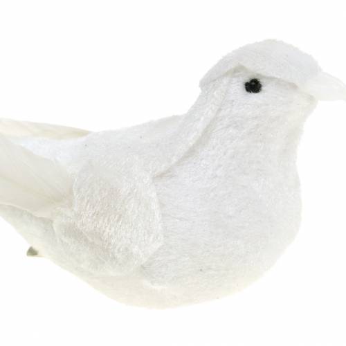 Floristik24 Gołębica flokowana z piórami i klipsem biała 13,5cm 4szt