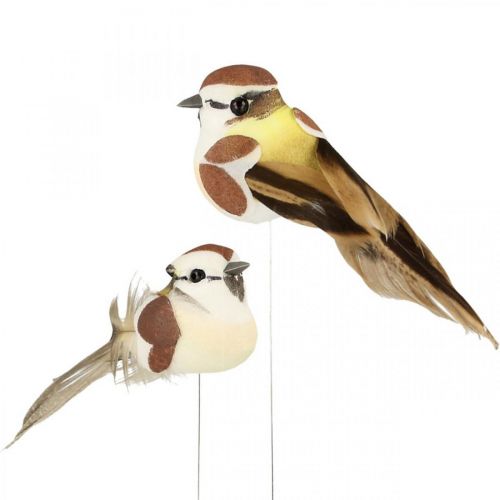 Floristik24 Wiosenna dekoracja ptaszki na drucie, sztuczny ptaszek brązowy, biały W3cm 12szt