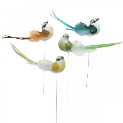 Floristik24 Deco ptaszki, wiosenna dekoracja, ptaszki z piórami, lato, ptaszki na drucie, kolorowe wys.3,5cm 12 sztuk