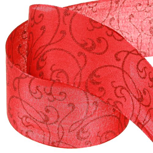 Produkt Wstążka świąteczna z ozdobami kwiatowymi czerwona 60mm 15m