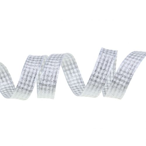 Floristik24 Wstążka świąteczna plaid z miką biała 15mm 20m