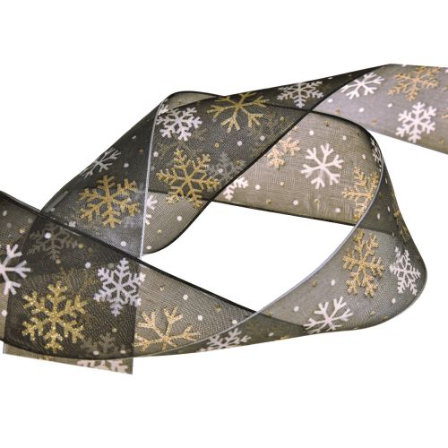 Produkt Świąteczna wstążka z organzy w kształcie płatków śniegu w kolorze czarnego złota 40mm 15m