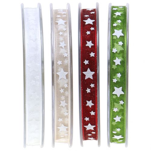 Wstążka świąteczna organza z motywem gwiazdek 10mm 20m