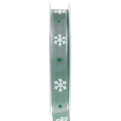 Floristik24 Wstążka świąteczna z płatkami śniegu zielona 15mm 20m