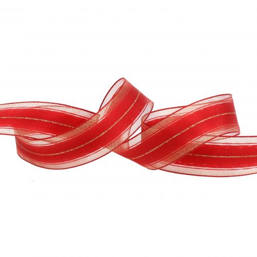Produkt Wstążka świąteczna z przezroczystymi paskami Lurex czerwona 25mm 25m